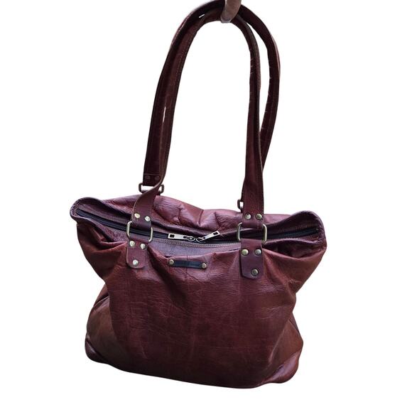 Western Boho Cognac Leather Tote Bag | Distressed Rustic Carryall - Picture 4 of 14